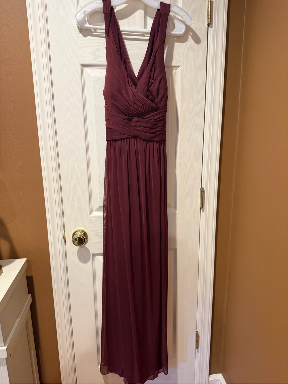 David's Bridal Wine Chiffon V-Neck Maxi Dress